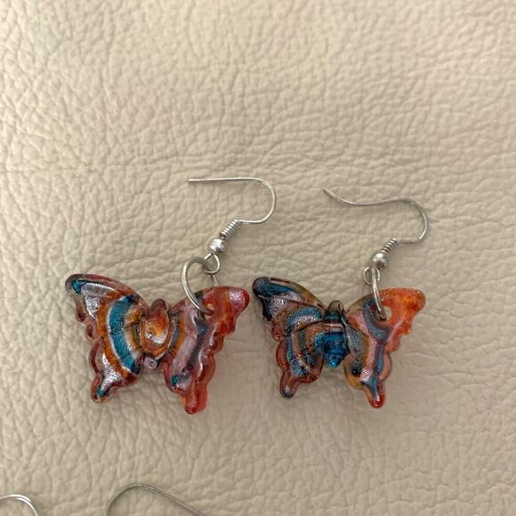 Glass earrings butterfly heart set of three pink orange blue - Picture 2 of 5